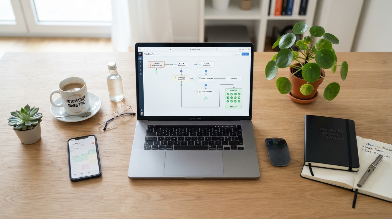 A calm, organised business desk with a laptop showing automated workflow checklists