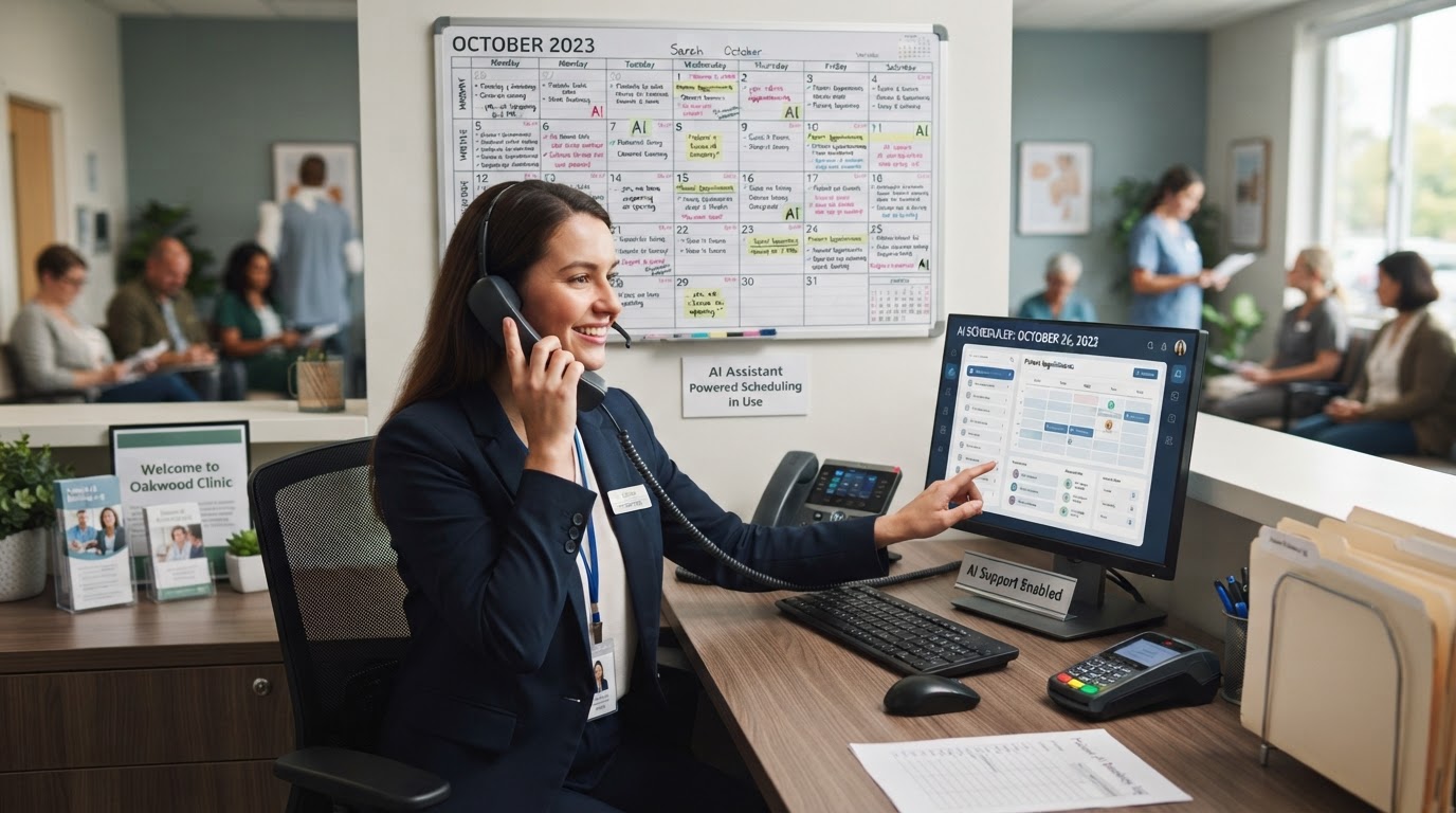A busy small business front desk with a ringing phone and a wall calendar full of appointment slots