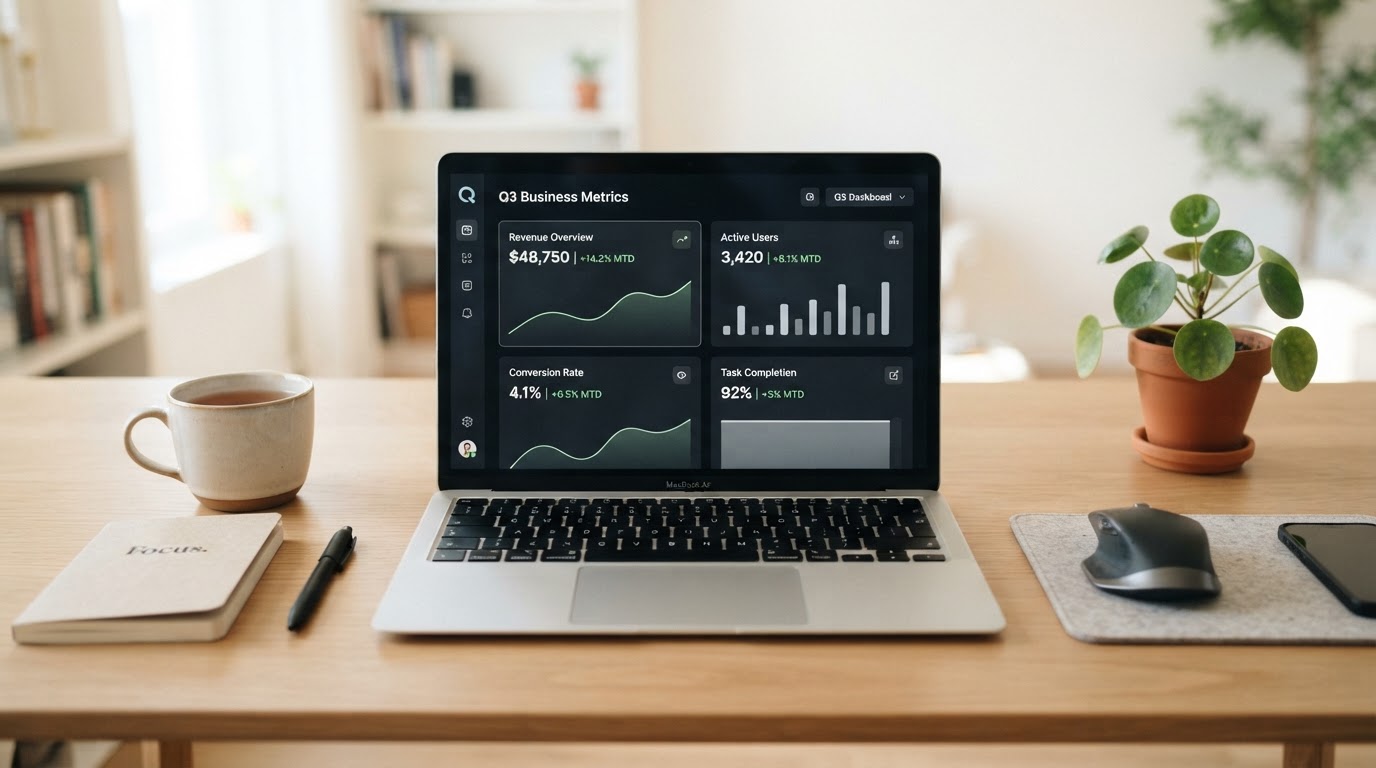 A clean, minimal business dashboard on a laptop screen on an uncluttered desk