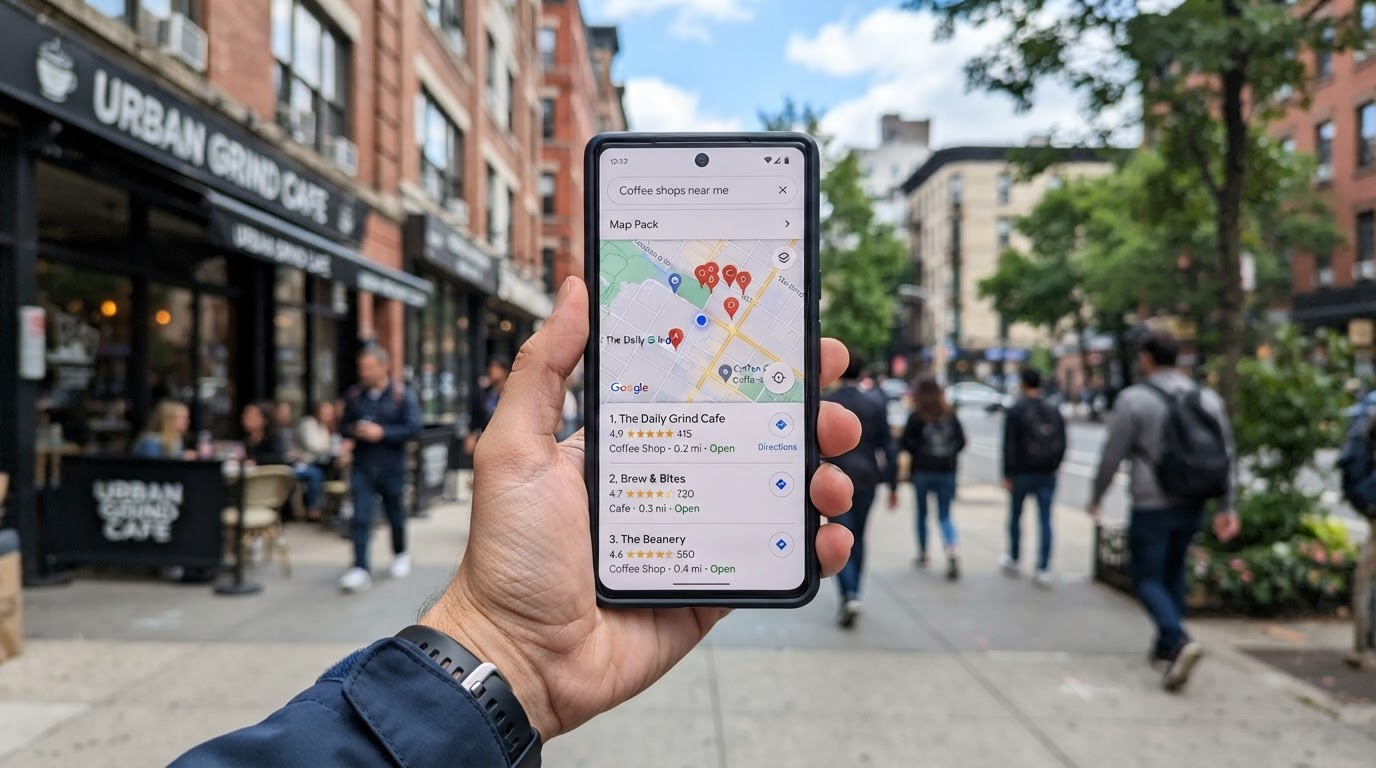 A smartphone showing a Google Maps local search results list with map pins and star ratings