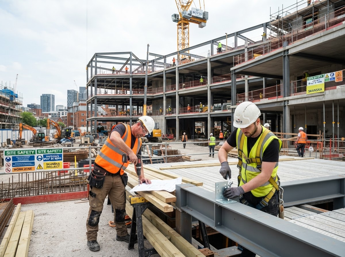 Builders working on a modern UK construction site