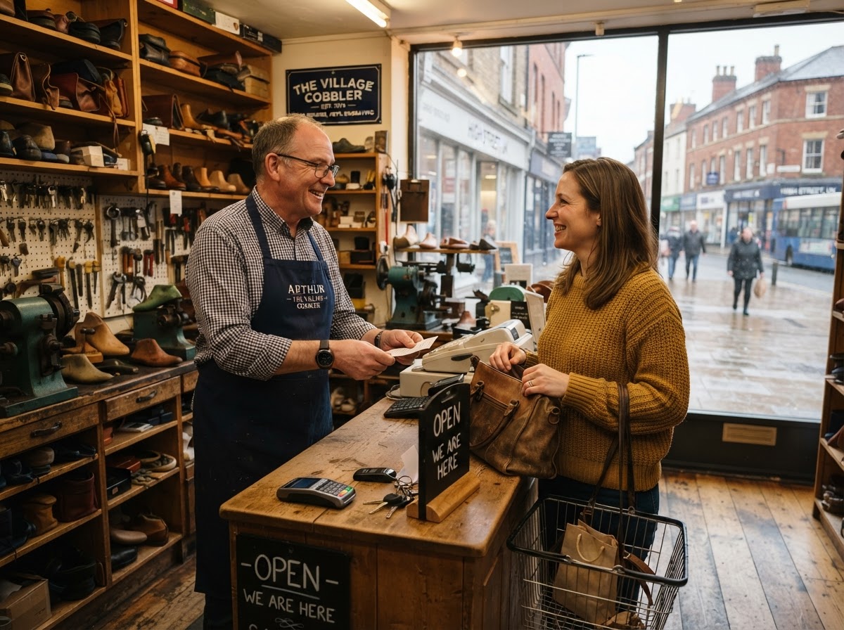 Friendly local shop owner serving a customer