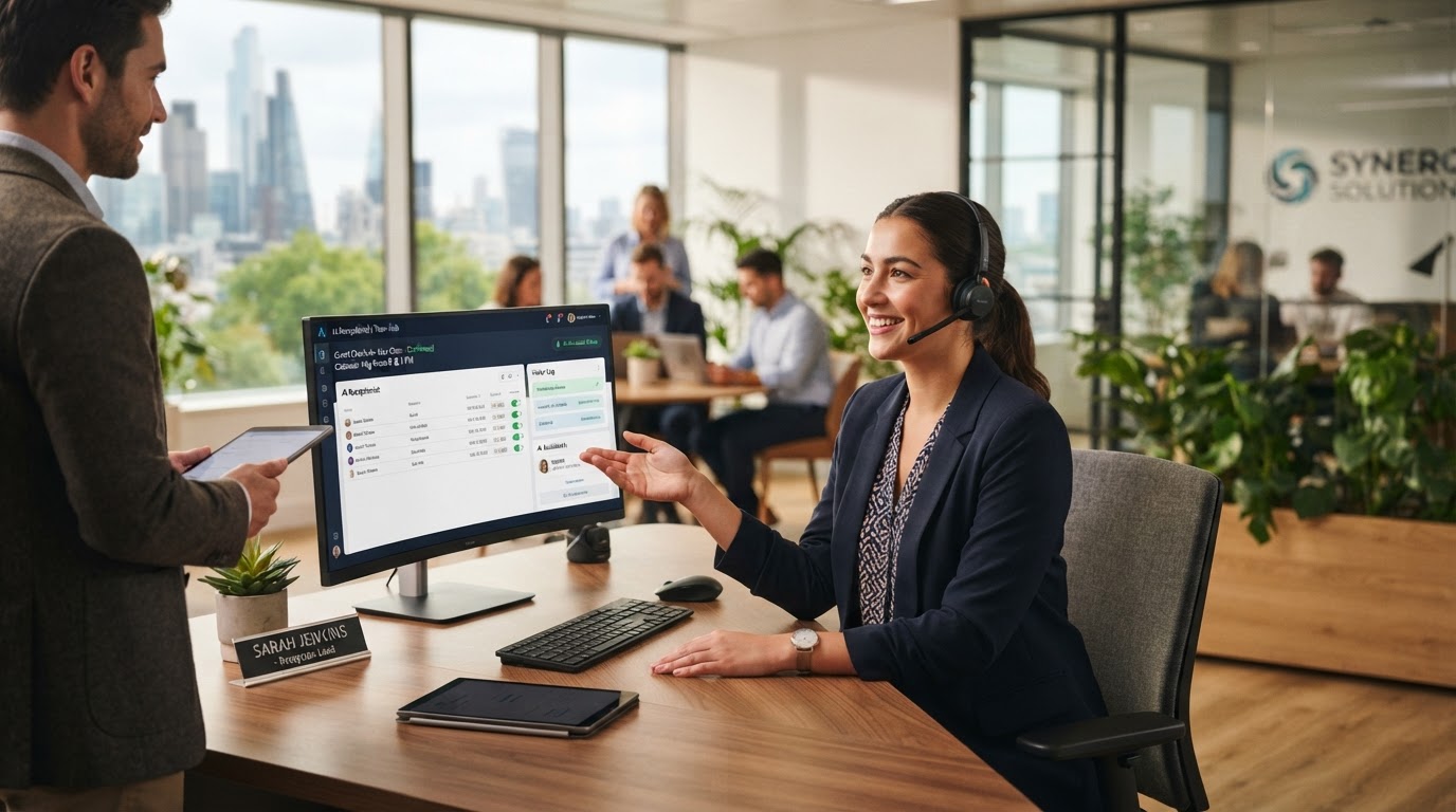 A friendly receptionist working alongside a modern computer system and headset