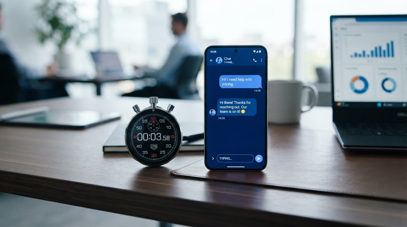 A stopwatch alongside a smartphone showing an instant chat message reply to a customer