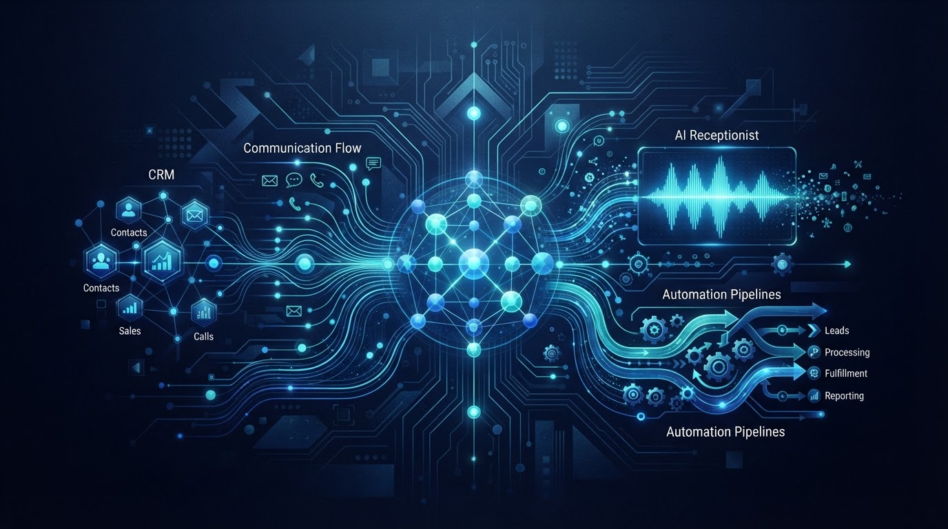 Modern business automation ecosystem showing AI, CRM, communication and automation systems