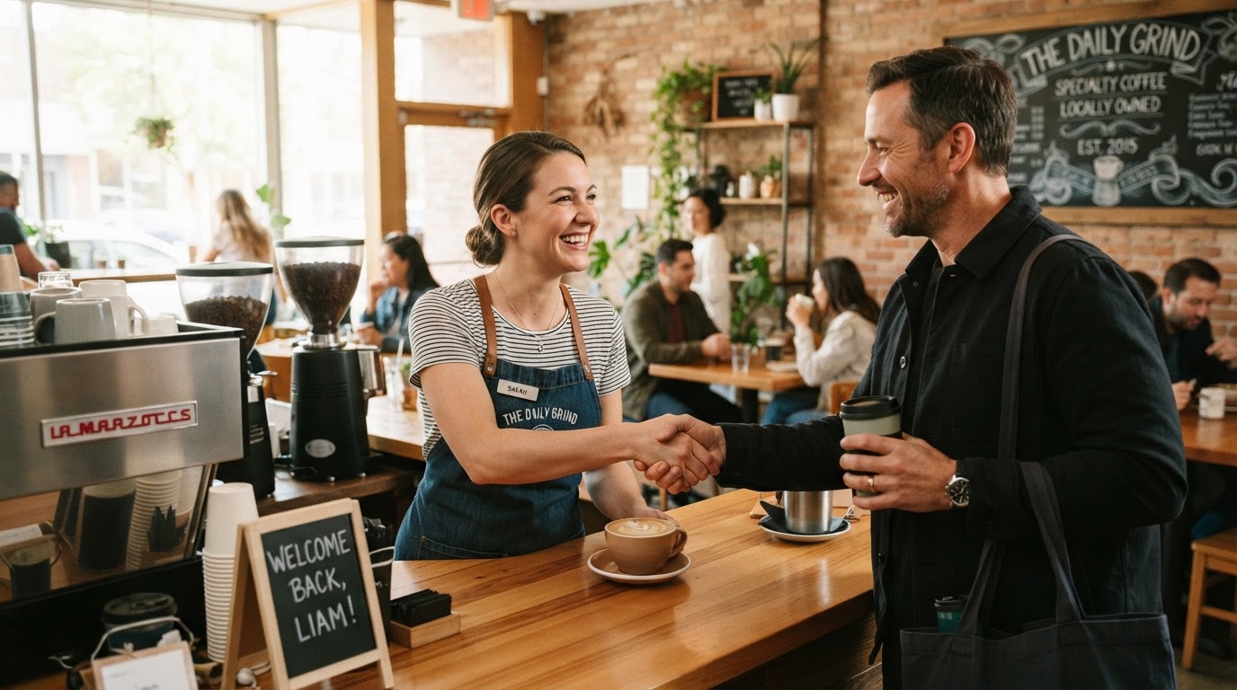 A friendly repeat customer being welcomed back at an independent local cafe