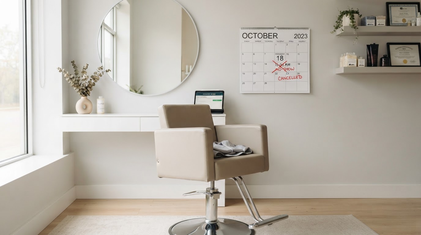 An empty appointment chair in a salon with a wall calendar showing a missed time slot