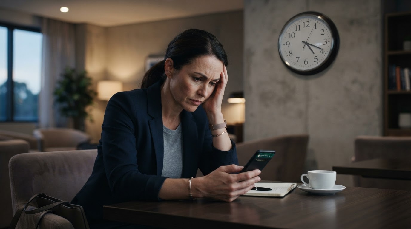 A frustrated customer looking at a smartphone with no reply, a wall clock showing time passing in the background