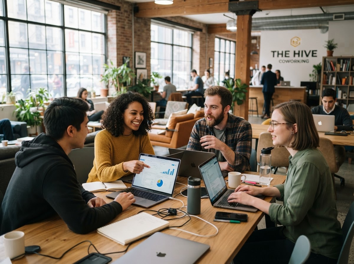 Startup team collaborating in a modern coworking space
