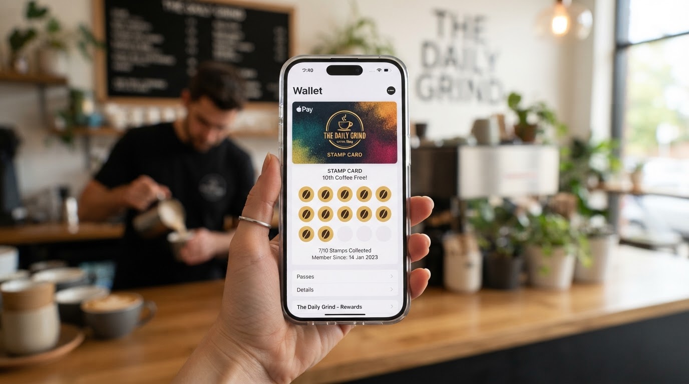 A smartphone displaying a digital loyalty stamp card inside Apple Wallet