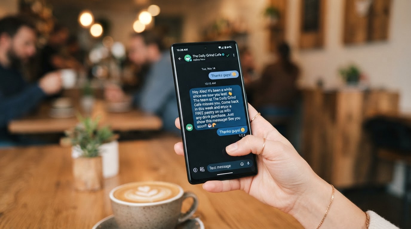 A smartphone showing a friendly re-engagement text message from a local business welcoming a returning customer