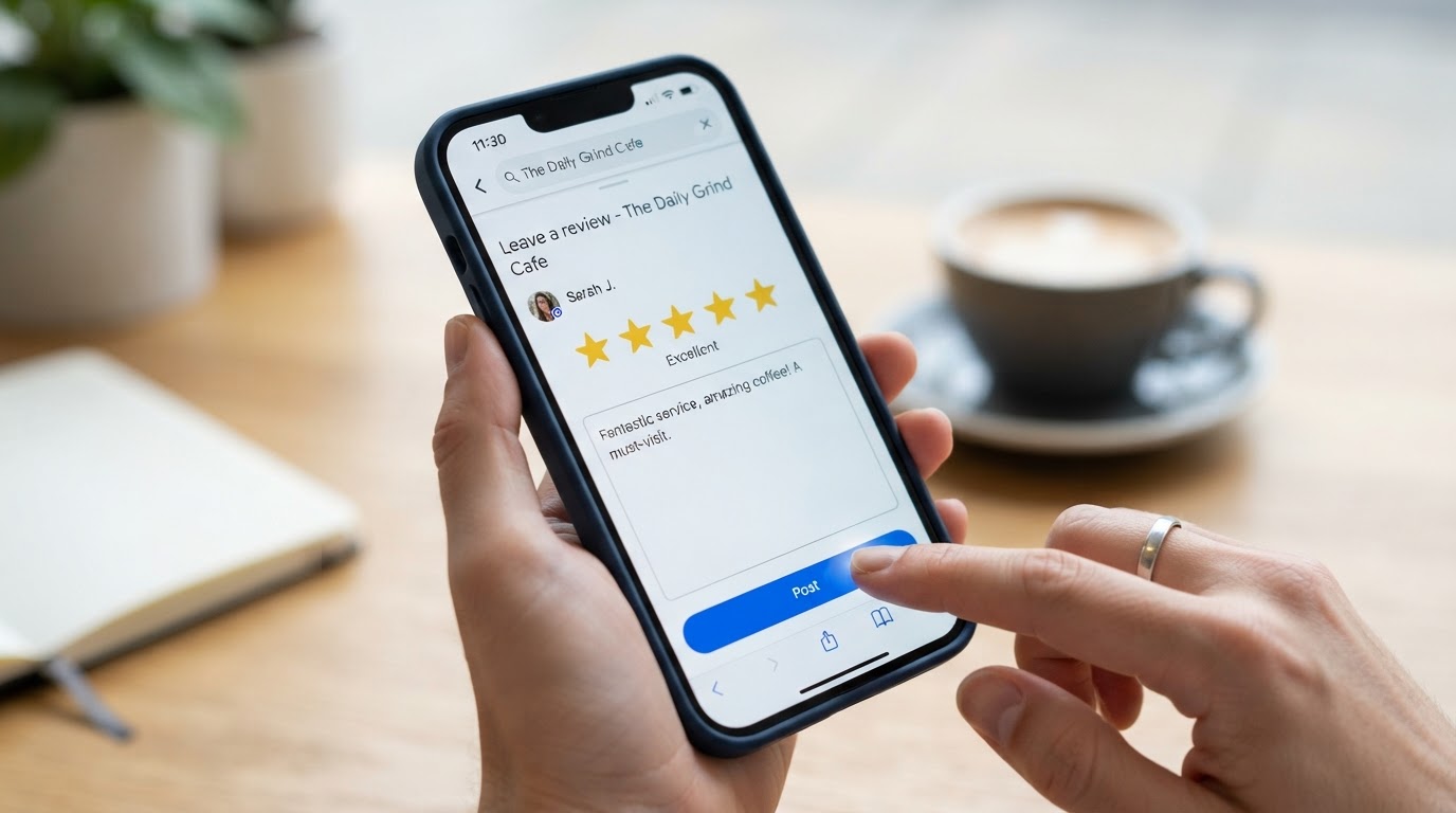 Close-up of a smartphone screen showing five-star Google customer reviews being submitted