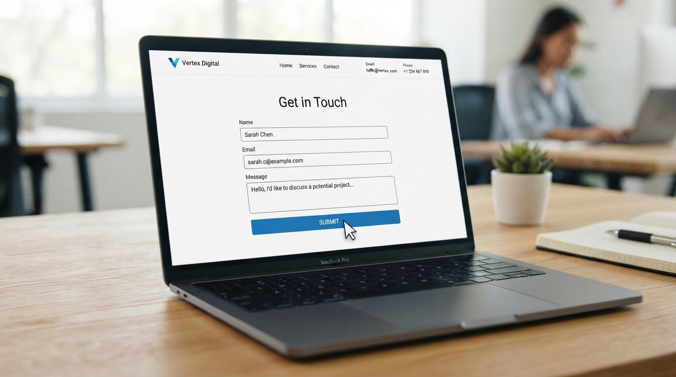 A laptop screen showing a modern website contact form with a cursor about to click submit