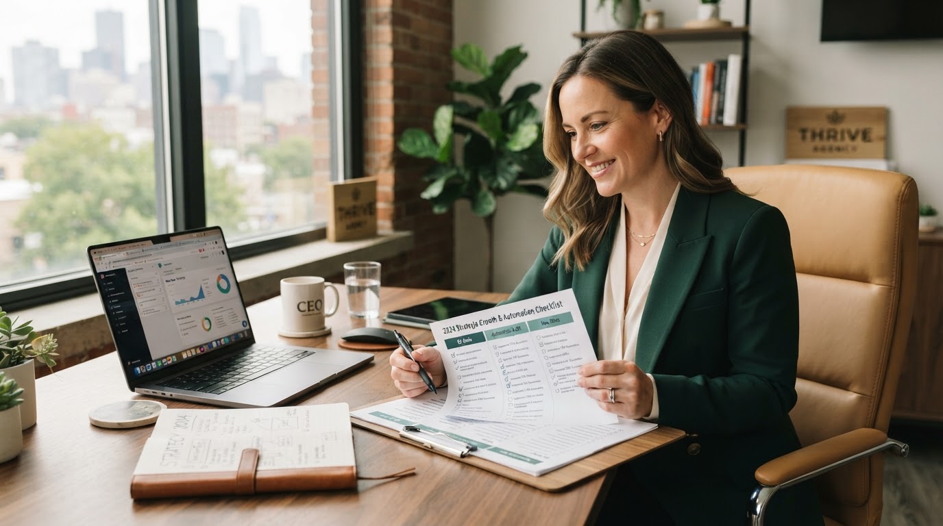 A business owner reviewing a printed checklist and planning strategy for the new year