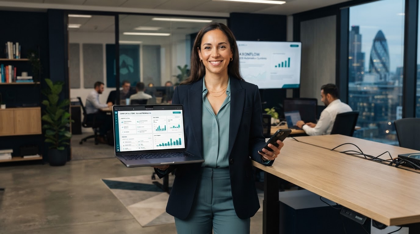 A confident UK small business owner in a modern office with a laptop showing organised automated systems