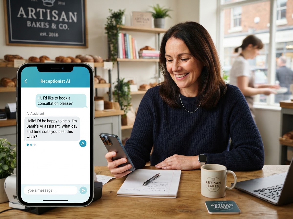 A smartphone showing an AI receptionist chat handling a customer enquiry for a small business
