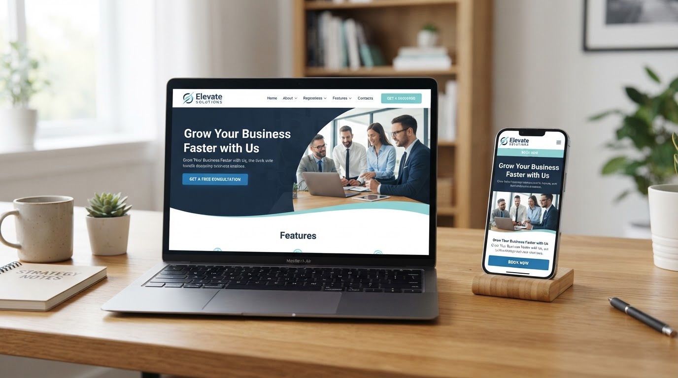 A modern conversion-focused business website displayed on a laptop and smartphone side by side