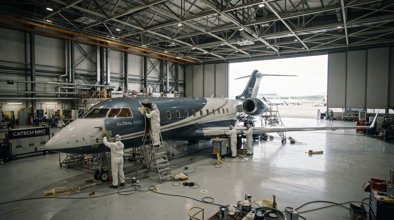 Bombardier Global 5000 mid-repaint inside the FlexAero hangar