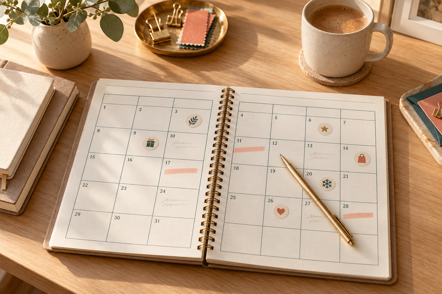 Open monthly planner on an elegantly styled desk with seasonal planning details.