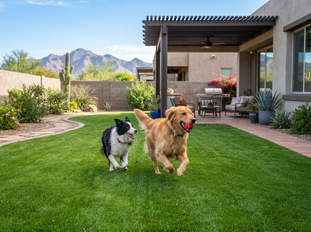 A clean, green West Valley backyard with a happy dog enjoying pristine lawn