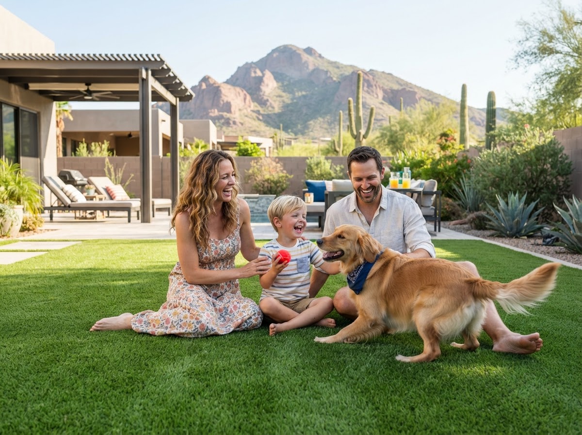Happy family and dog playing together on a clean, spotless green lawn in a West Valley backyard