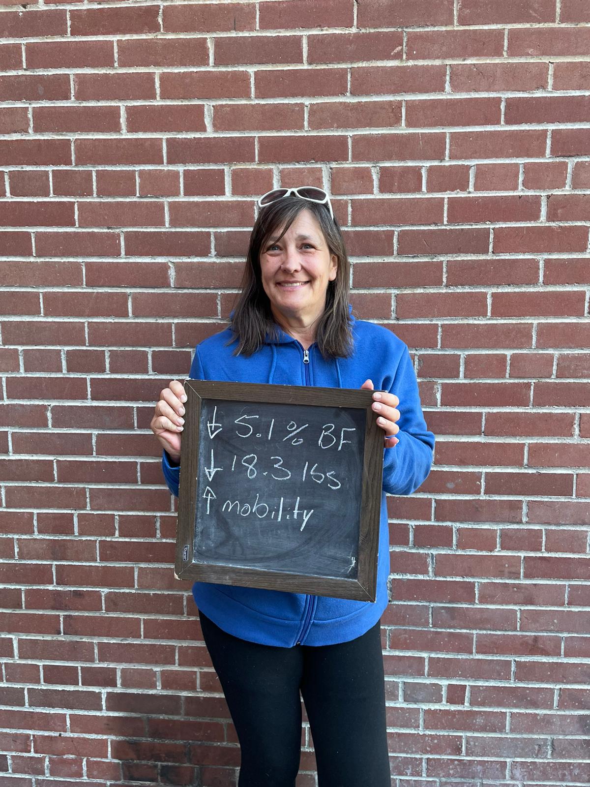 360 Fitness Sherwood Park client holding chalkboard results