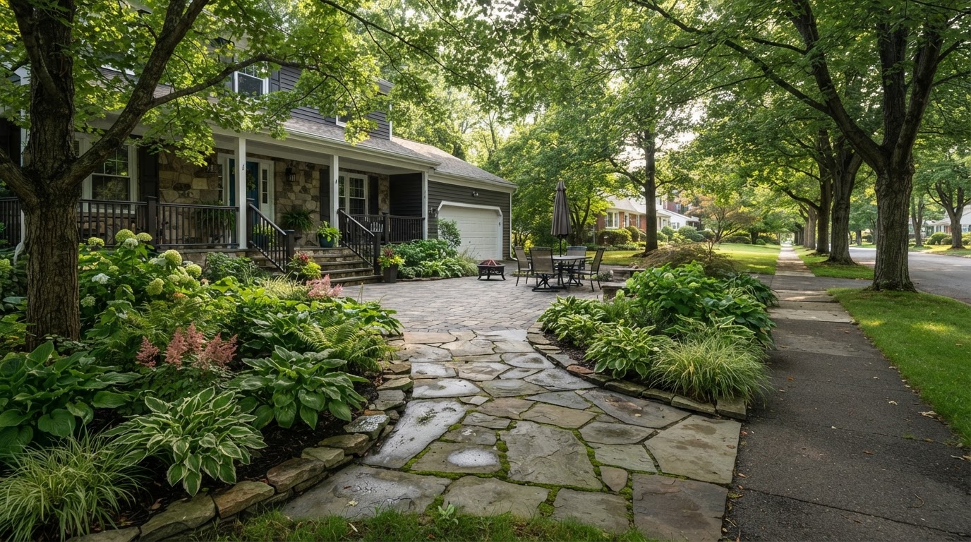Landscape-integrated walkway and natural stone patio on a tree-lined Clarks Green, PA property