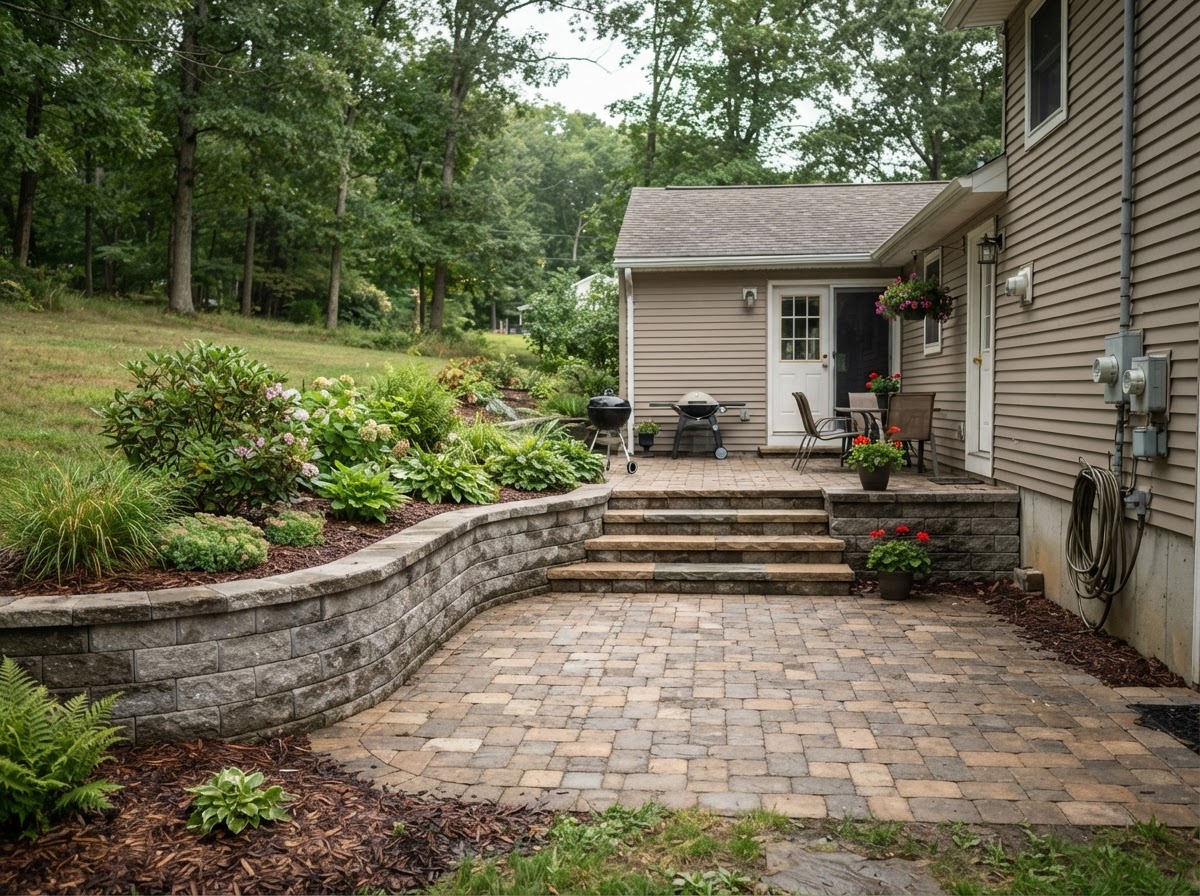 Paver patio with retaining wall and outdoor steps on a graded residential property in Avoca, PA