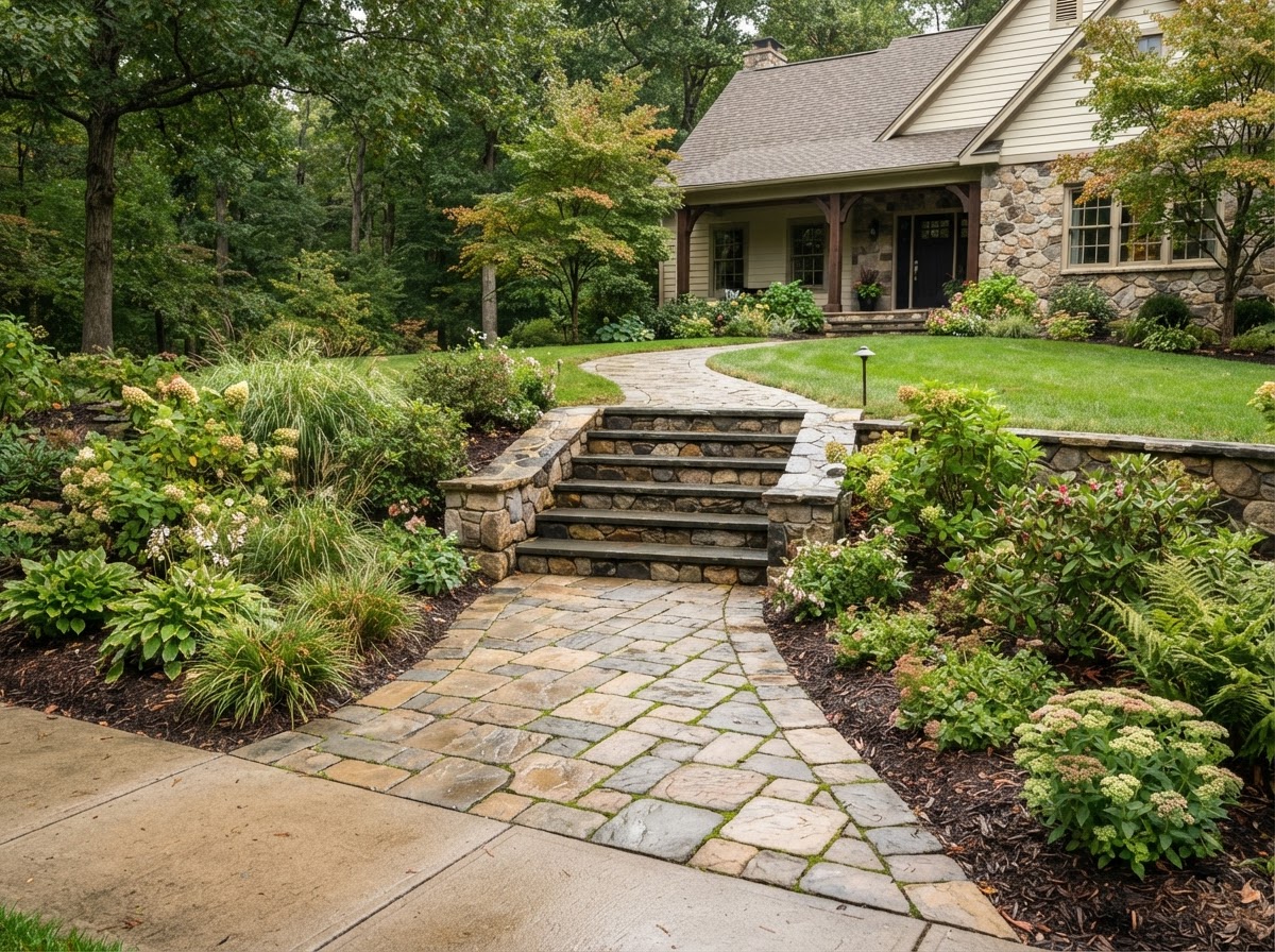 Paver walkway and stone steps connecting yard levels at a Jermyn, PA home