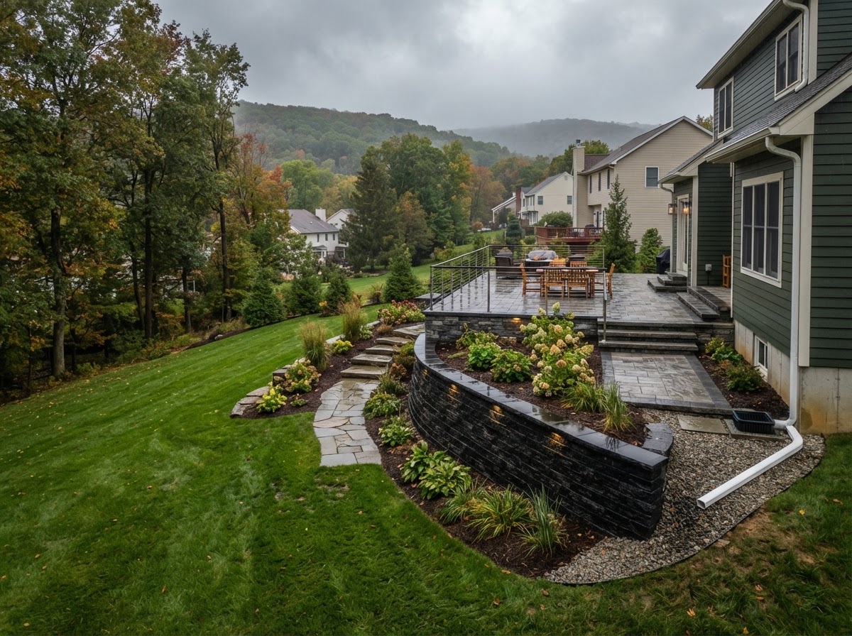 Hardscape design grading and drainage planning in Scranton Pennsylvania planned around property grade and outdoor circulation