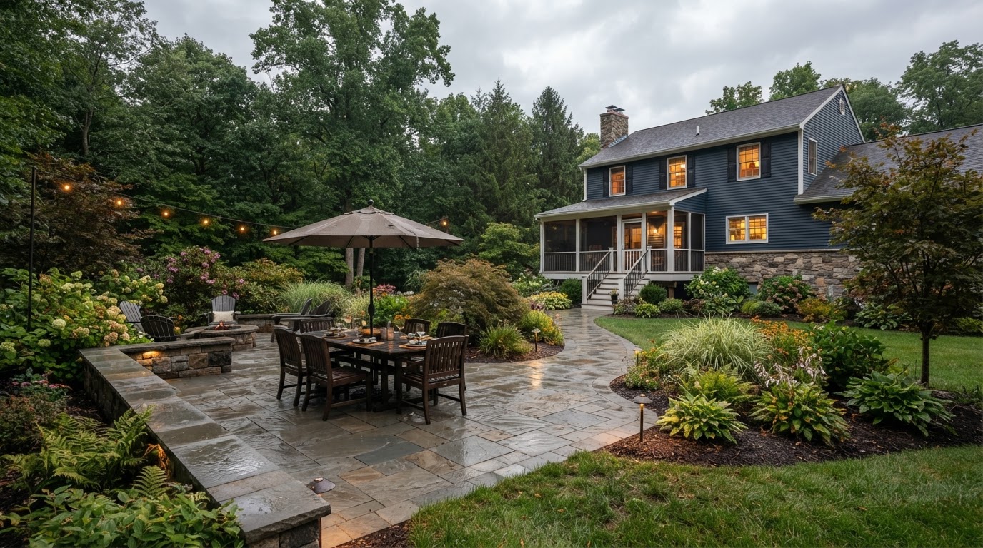 Paver patio with outdoor seating integrated into planted landscape in Duryea, PA