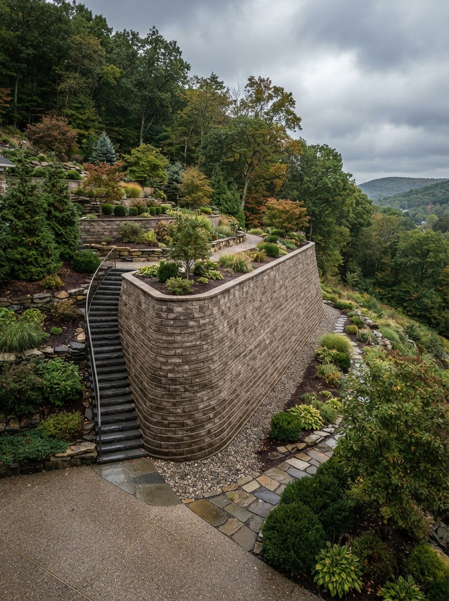Tall segmental retaining wall managing a steep grade on a Northeastern Pennsylvania hillside property