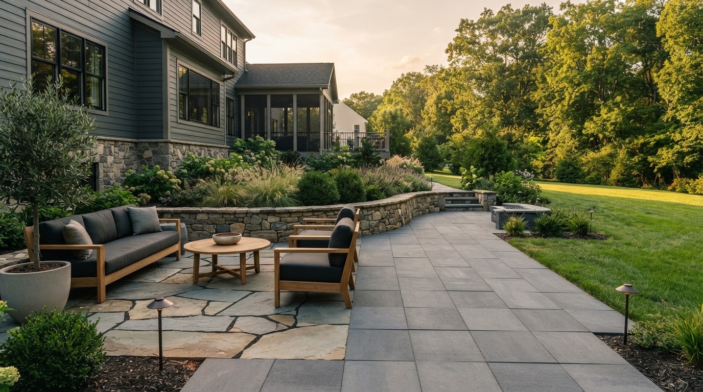 Custom patio design and installation with stone and landscaping near Scranton, PA