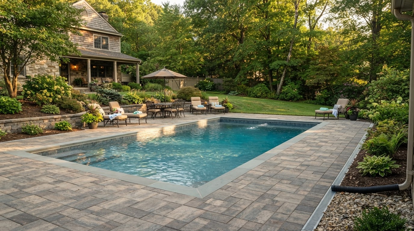 Residential pool deck with paver surround near Scranton, PA