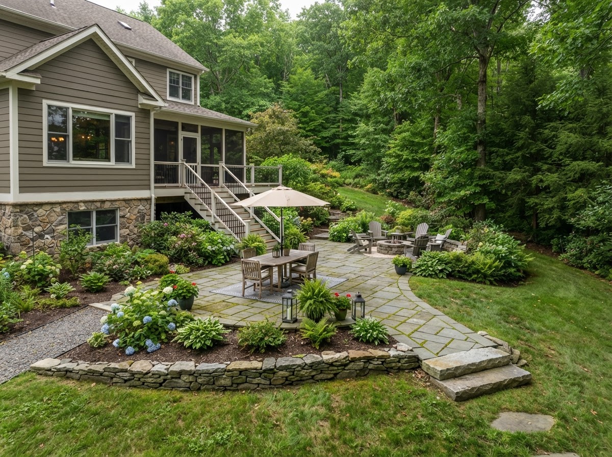 Paver patio integrated with landscape planting and walkway at a Duryea, PA residential property