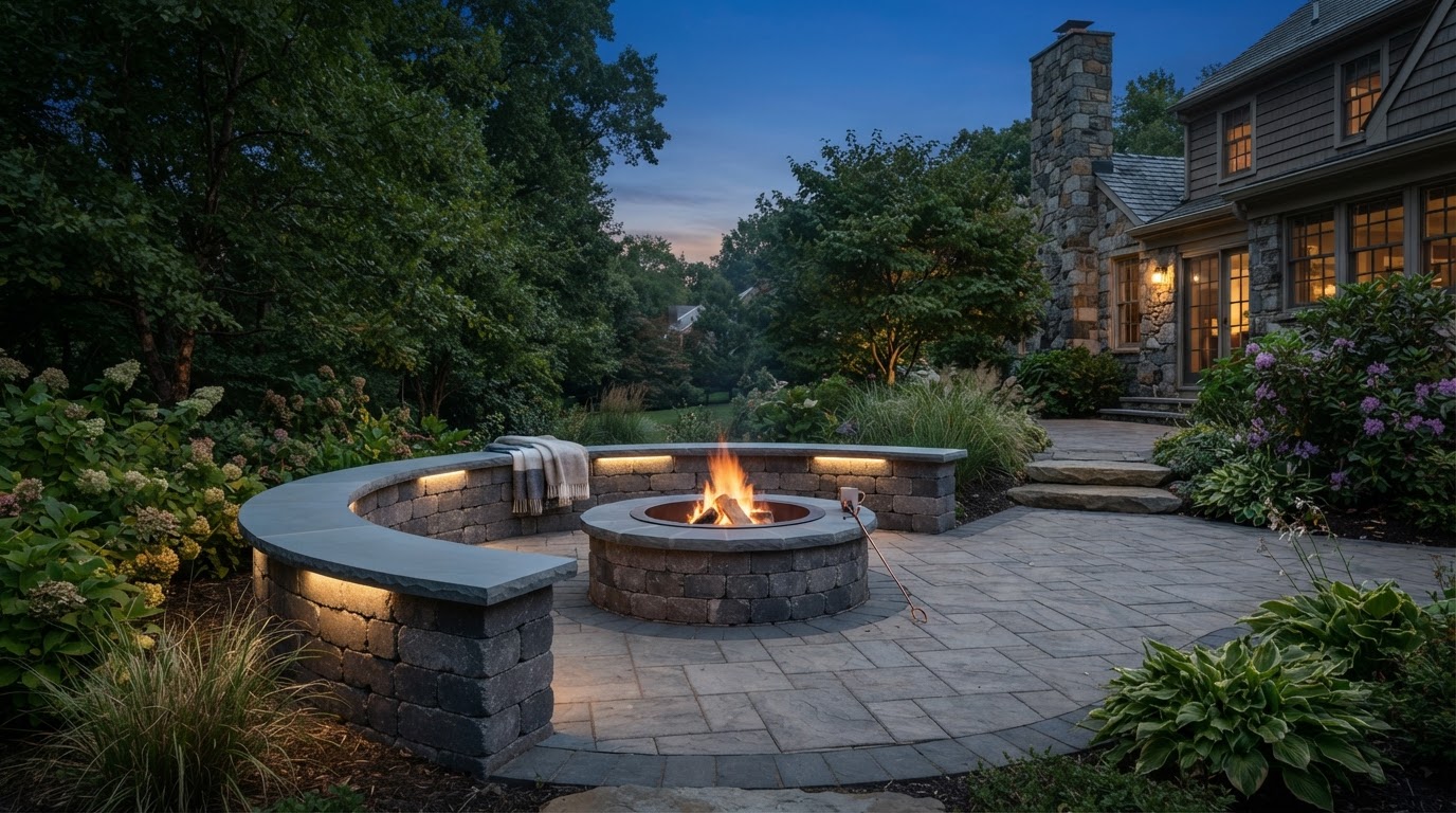 Patio seating wall surrounding an outdoor gathering area in Scranton, PA