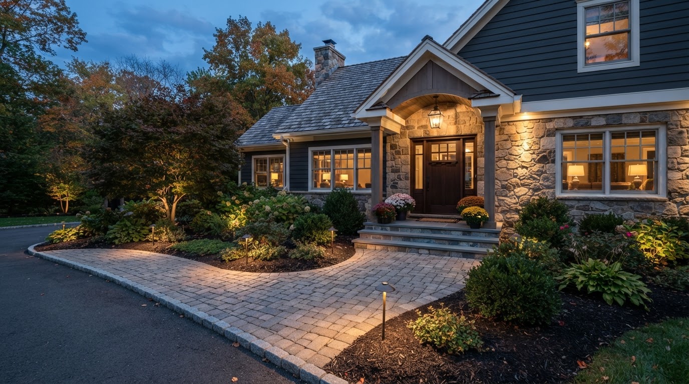 Front entry hardscape with paver walkway, steps, landing and landscape at a Kingston, PA residence