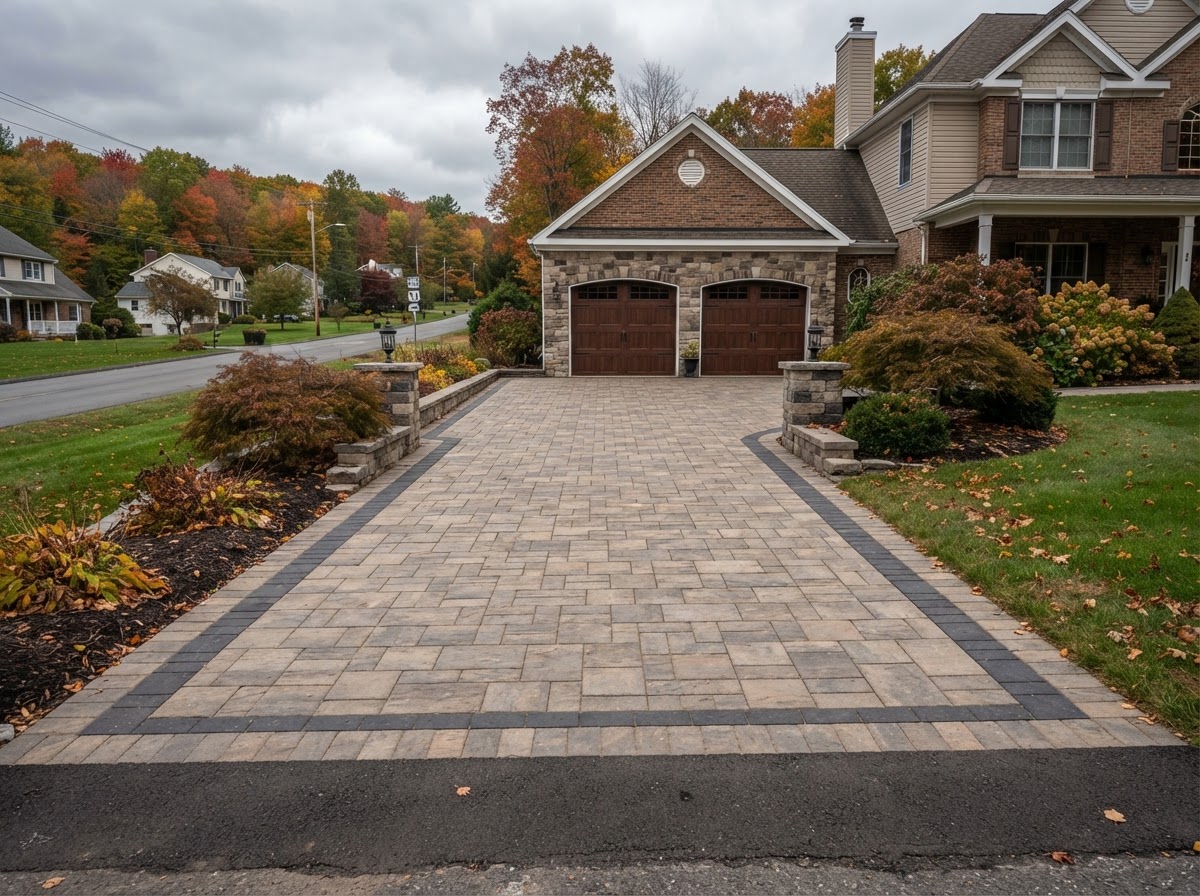 Residential paver driveway installation near Scranton PA with a defined border and coordinated garage approach