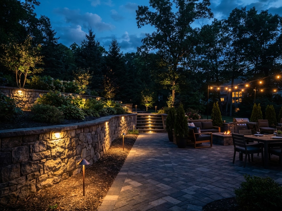 Low-voltage landscape lighting on a paver patio and stone wall near Scranton, PA