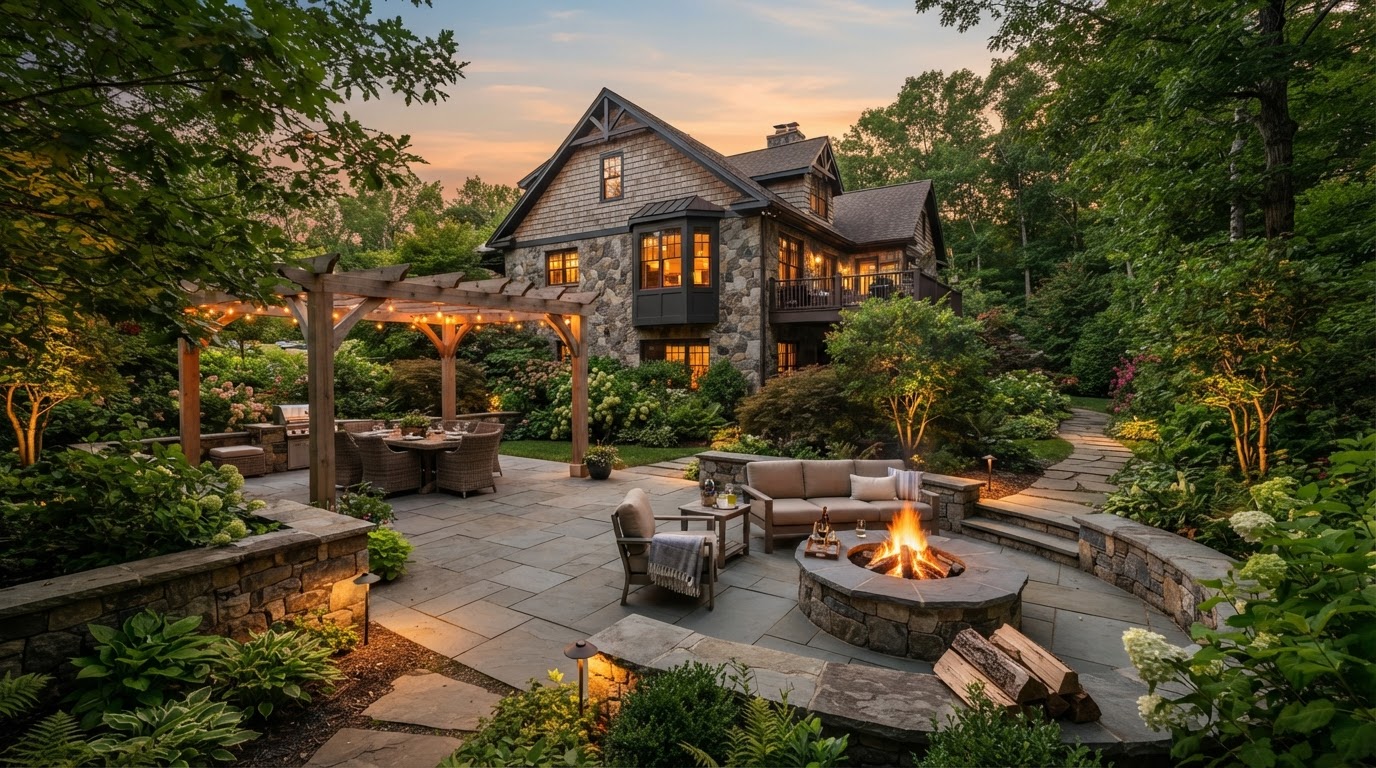 Premium landscape-led backyard with natural stone patio, fire feature, planting and lighting in Dallas, Pennsylvania
