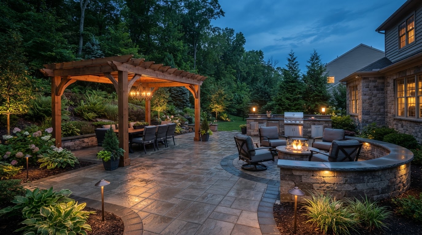 Integrated outdoor living area in a Northeastern Pennsylvania backyard combining pavers, seating and a pergola