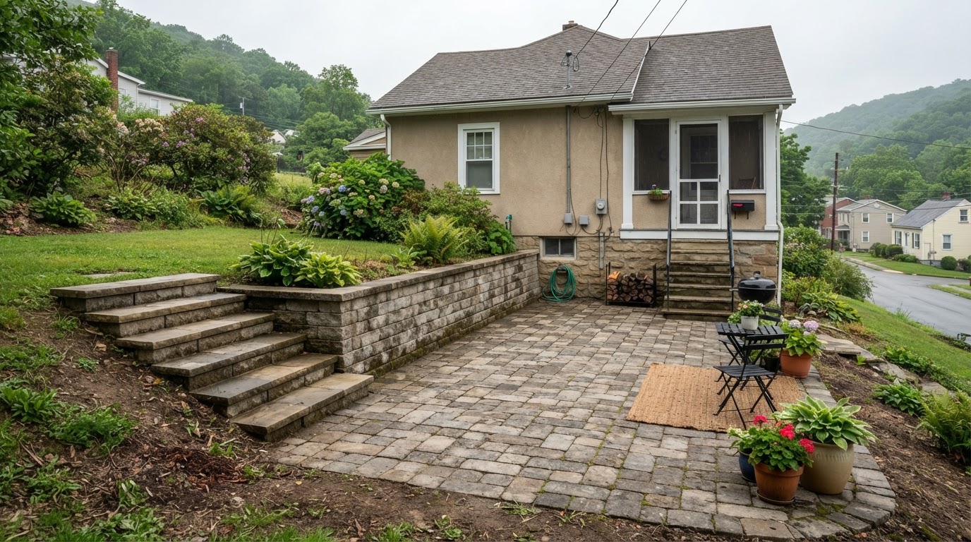 Paver patio with a retaining wall managing a grade change and outdoor steps at a property in Olyphant, PA
