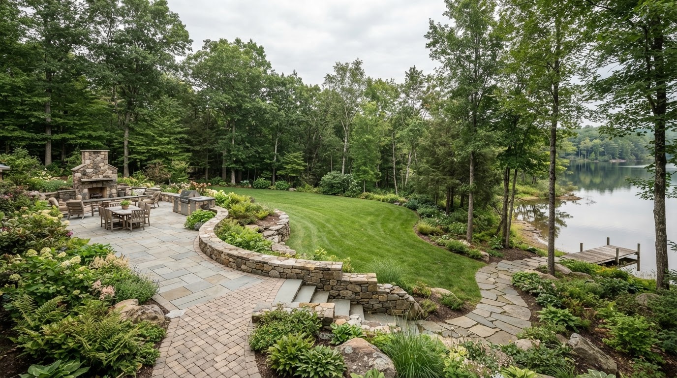 Whole-property landscape and hardscape composition with patio, retaining wall and woodland near Glenburn Township, PA
