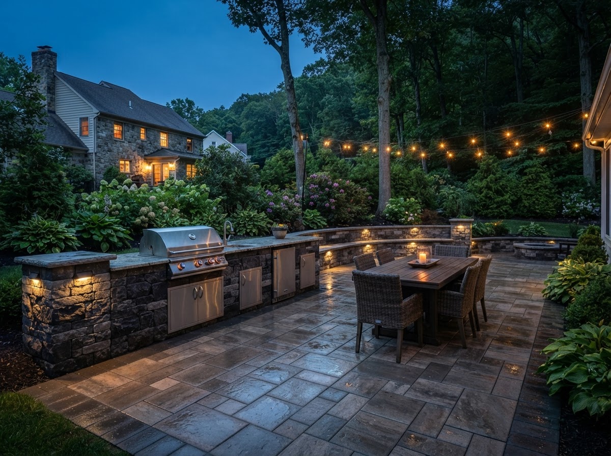 Outdoor kitchen and paver patio in a Northeastern Pennsylvania backyard with a built-in masonry grill island