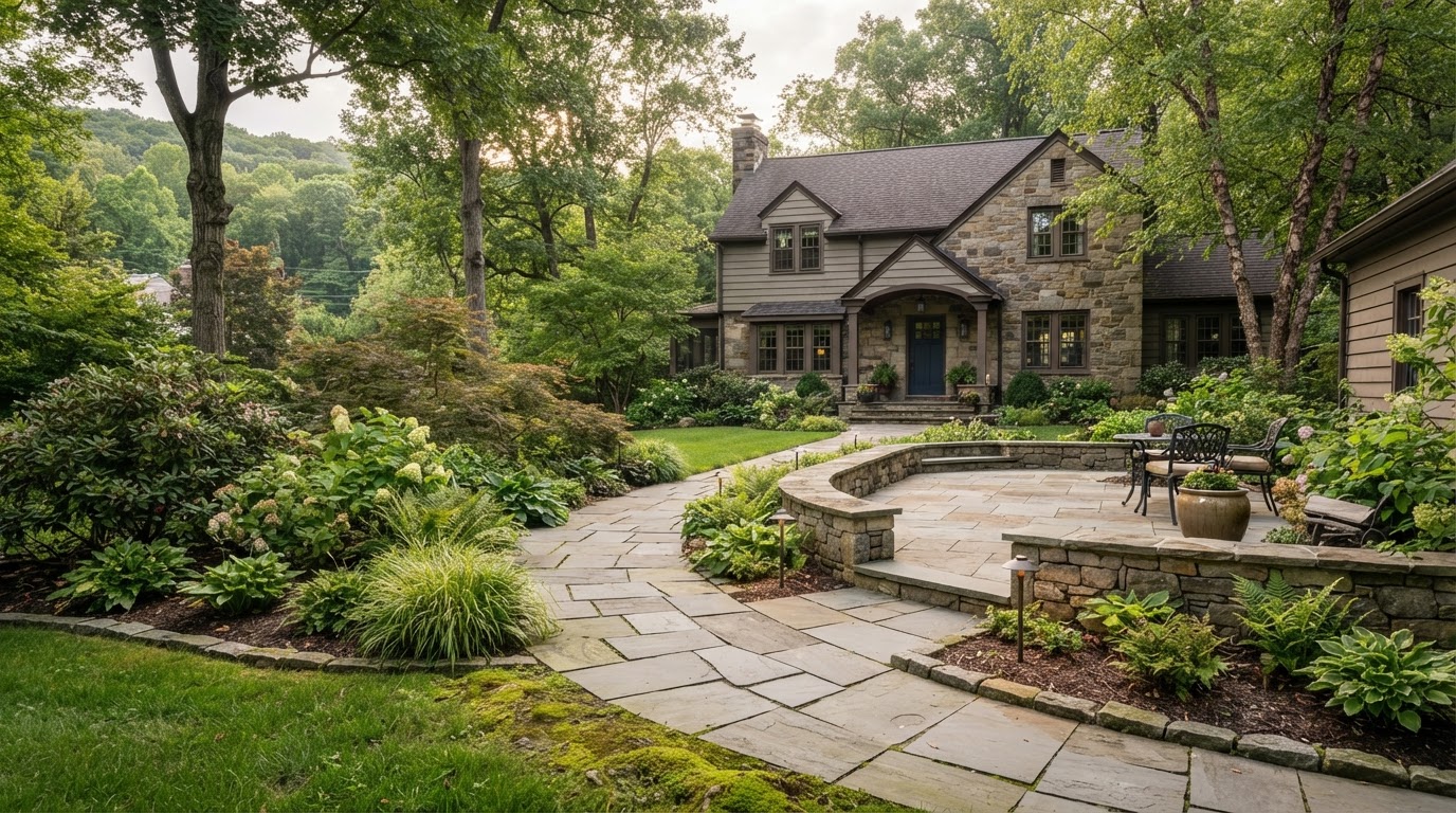 Natural stone paver patio with walkway and landscape planting at a Moscow, PA home
