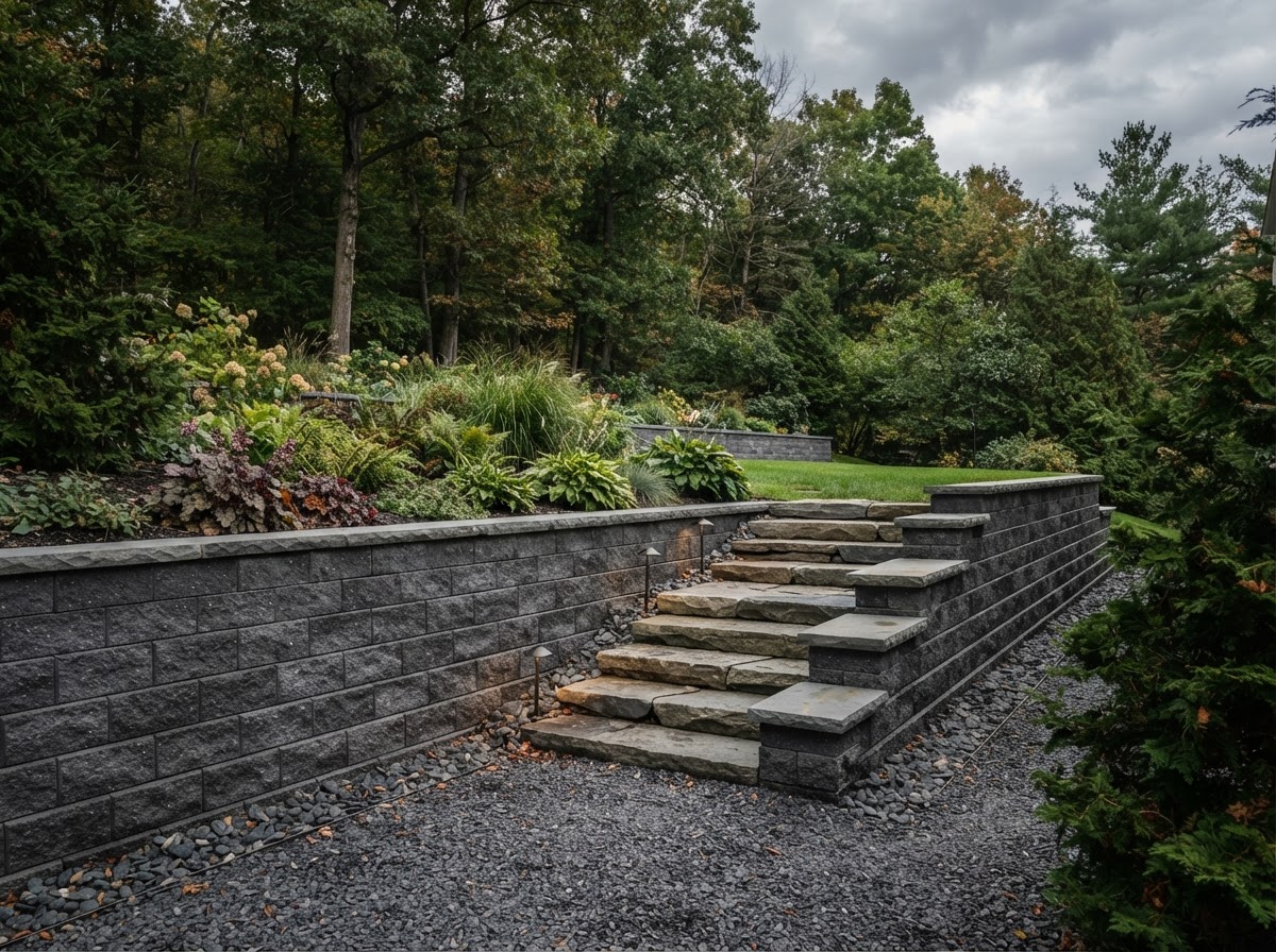 Structural retaining wall on a sloped property near Scranton, PA