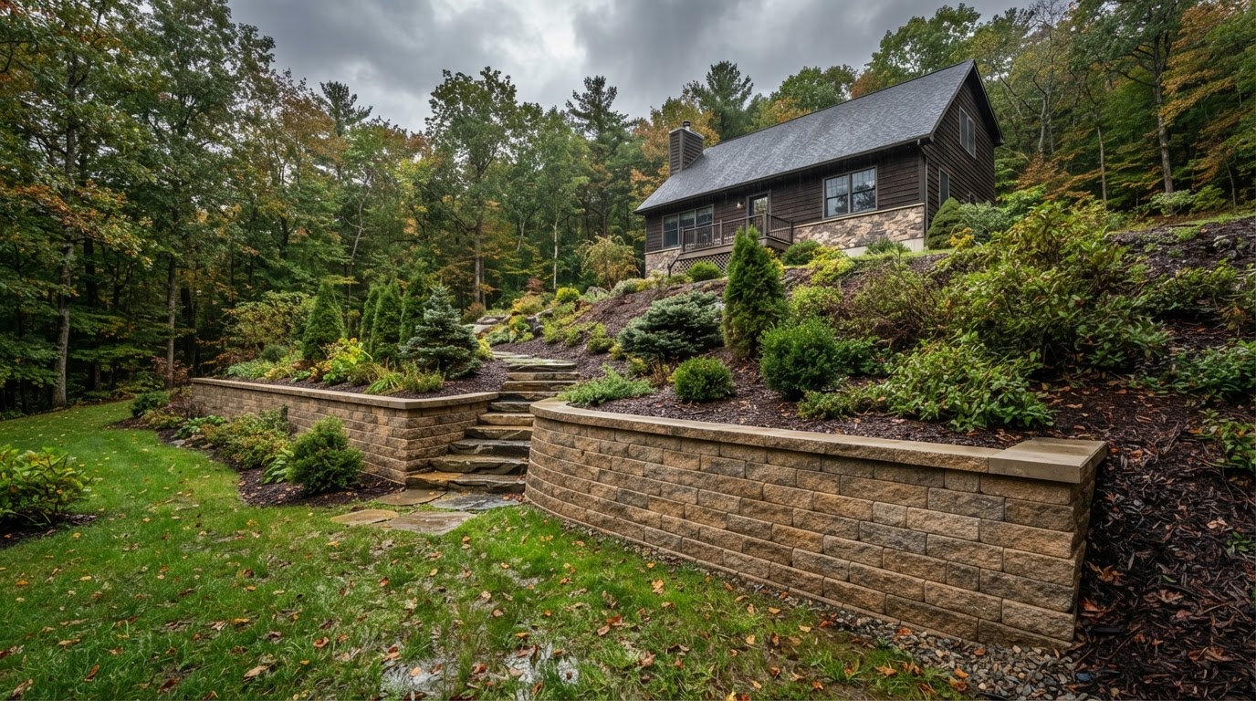 Landscape retaining wall installation on a sloped property in Scranton, PA