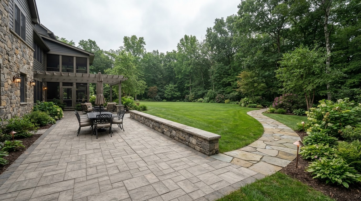 Wide residential property with paver patio, retaining wall and landscape in South Abington Township, PA