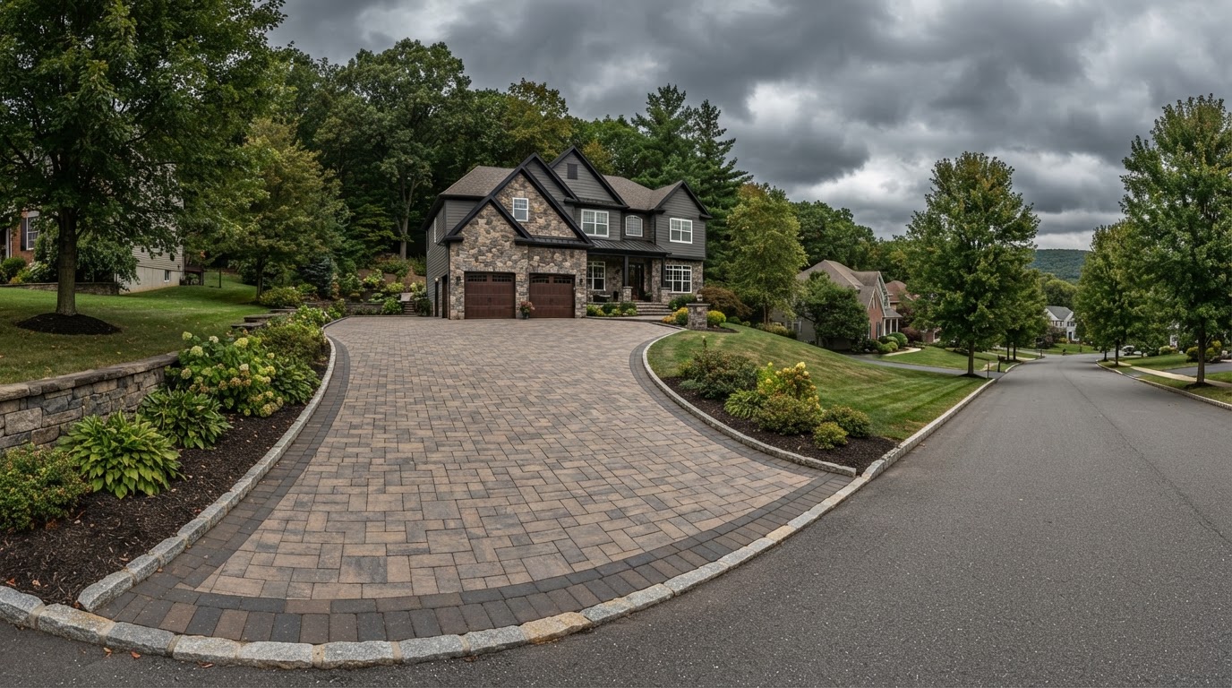 Wide residential paver driveway on a sloped Northeastern Pennsylvania property with proper drainage slope