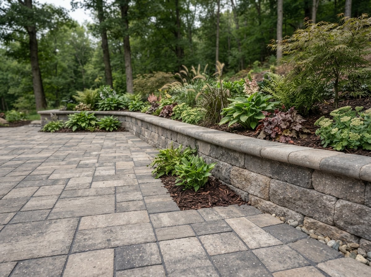 Paver patio detail with clean joints and a low wall edge at a Jermyn, PA property